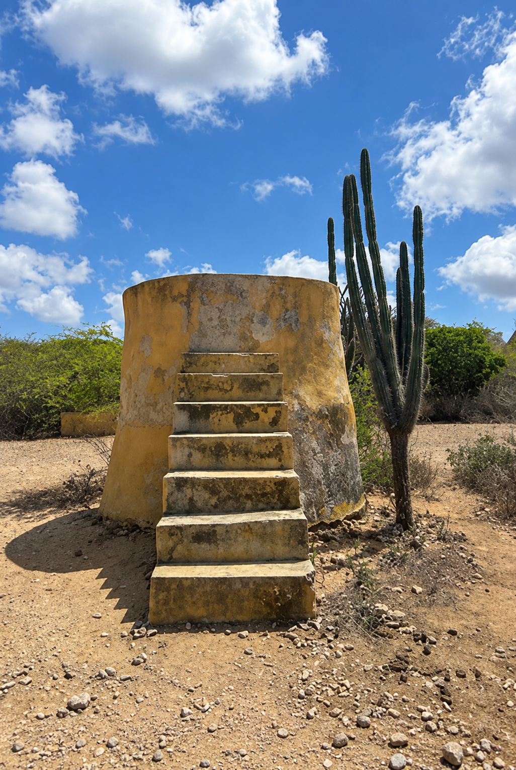 Geel, rond ovenbouwwerk bij Karpata met een stenen trap en een hoge zuilcactus ernaast.